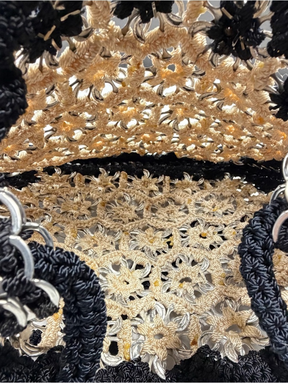 Upcycled Pop Soda Tab Crochet Shoulder Bag Black Cream Handmade Boho Festival - Picture 10 of 10